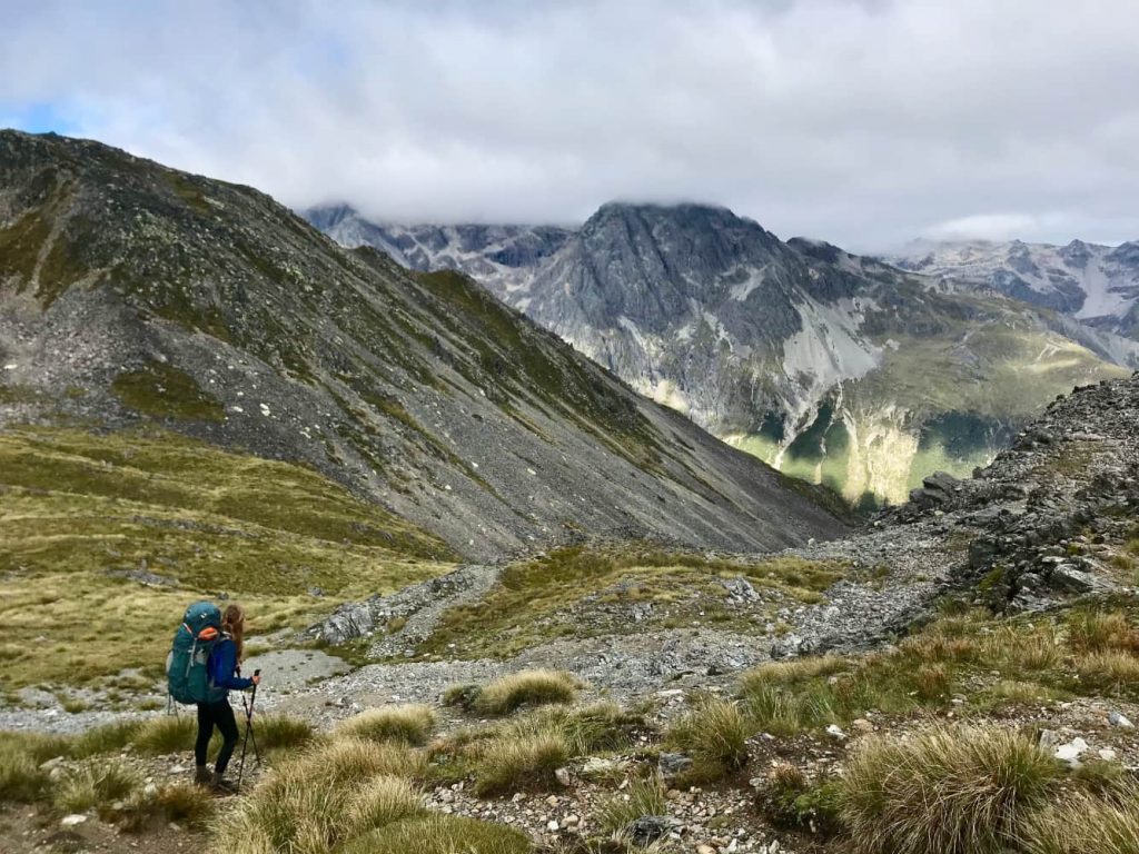Kelsey Churchill from Wandering Hiker backpacking the mountainous Te Araroa Trail in New Zealand